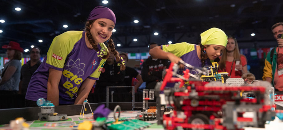 Students from FIRST LEGO League team “SESI Big Bang” from Birigui, Brazil, compete during the FIRST LEGO League World Festival at FIRST Championship Houston.
