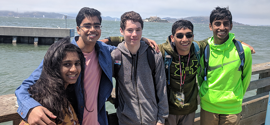 Five FIRST students who participated in the 2018 Apple Engineering Technology Camp visit Alcatraz in San Francisco.
