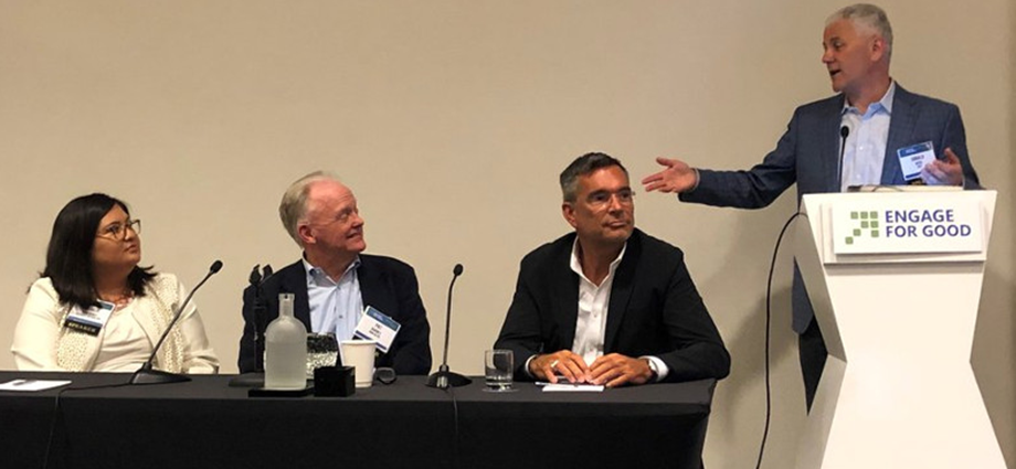FIRST President Don Bossi moderates a panel featuring Patricia Contreras (Rockwell Automation), Pat Barnes (John Deere), and John Blazey (Boeing) at Engage for Good on May 30, 2019.
