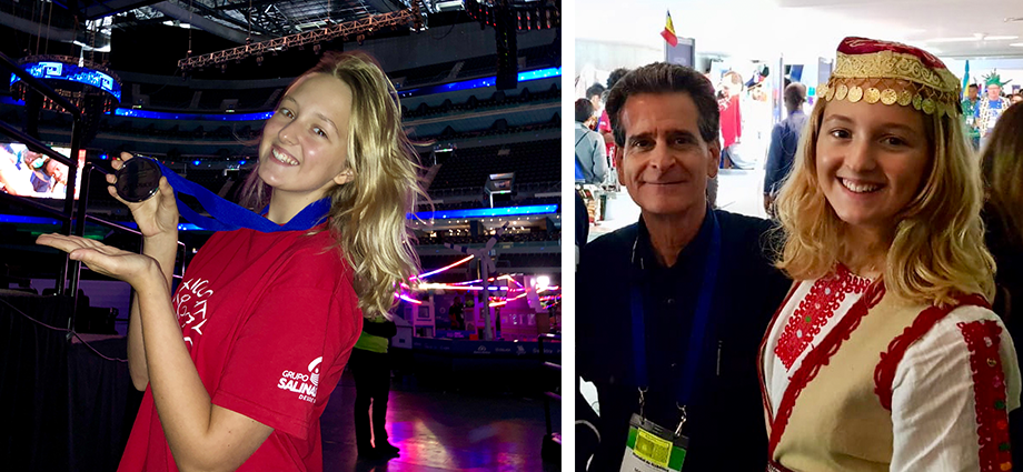 The author, Julianna Schneider, with FIRST founder Dean Kamen (right) and displaying team’s second-place medal for the “Katherine Johnson Award for Engineering Documentation” award (left) at the 2018 FIRST Global Challenge in Mexico City.