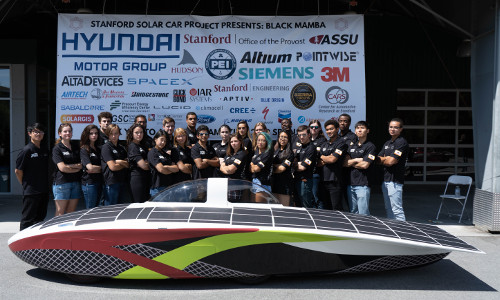 The 2019 Stanford Solar Car Project team with Black Mamba