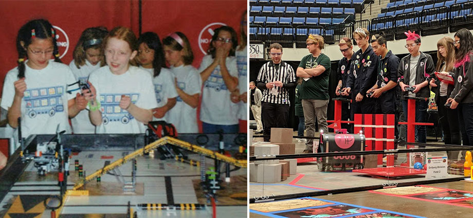 Members of the Ponytail Posse compete in a FIRST LEGO League tournament during the 2009-2010 season (left) and a FIRST Tech Challenge tournament during the 2017-2018 season (right).