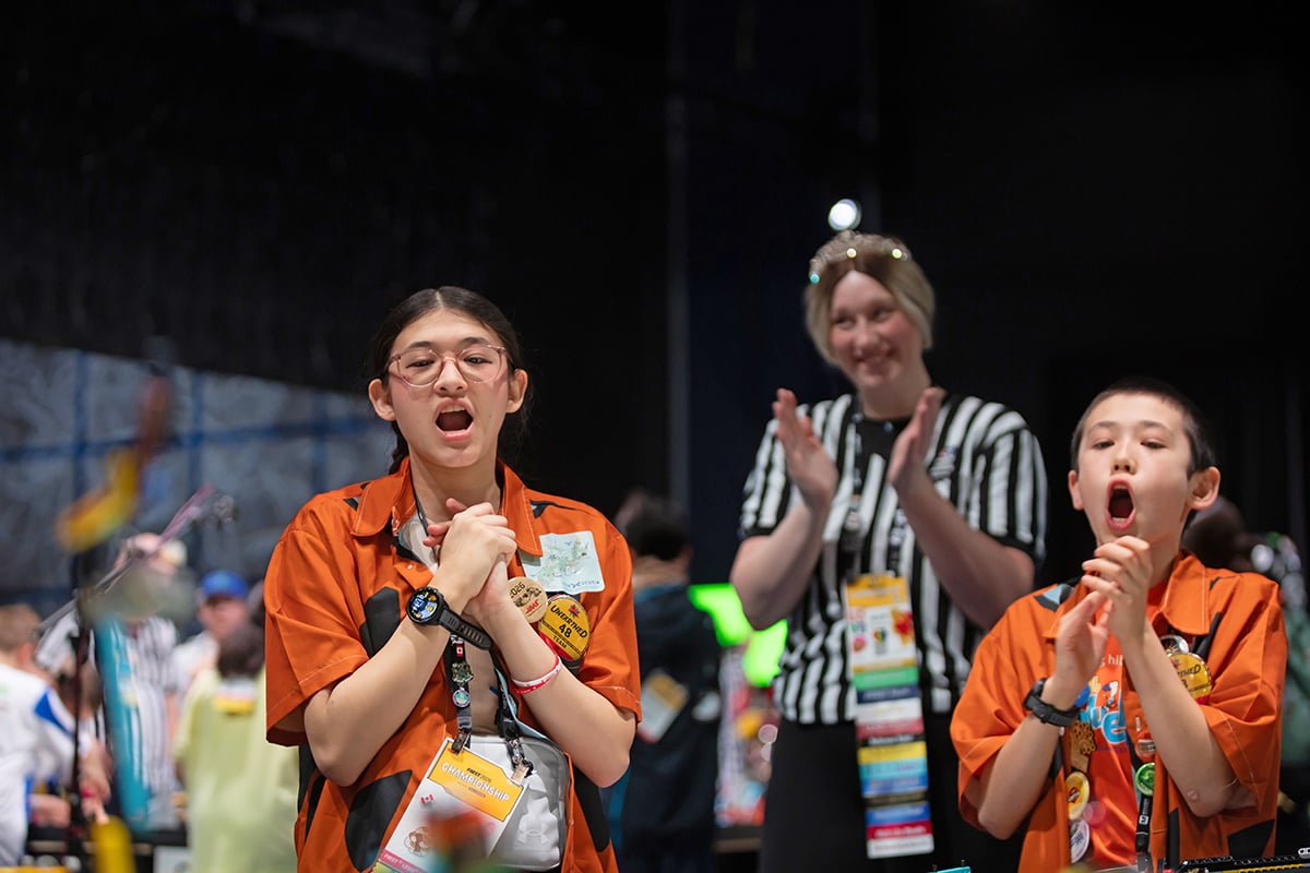 FIRST LEGO League student participants celebrating at 2026 FIRST Championship