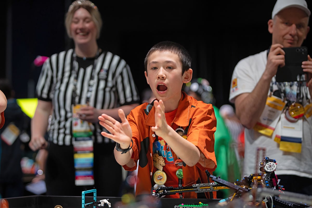 FIRST LEGO League student participant celebrating at 2026 FIRST Championship