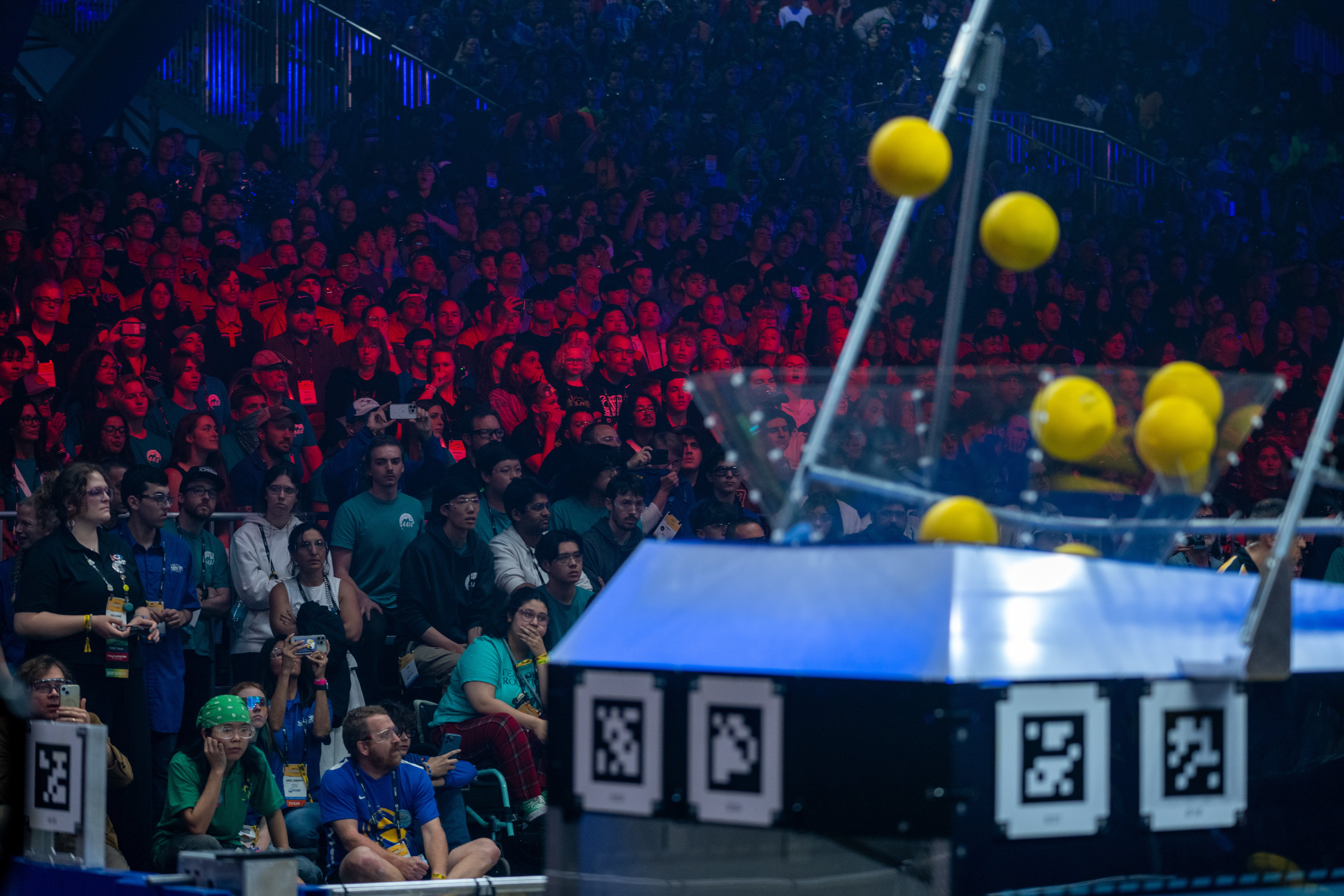 Large crowd watches a FIRST Robotics Competition match at FIRST Championship.