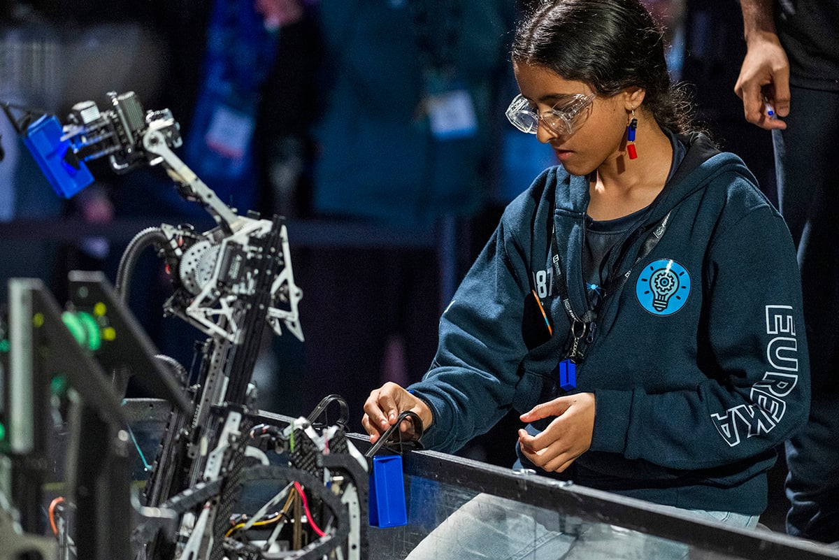 FIRST Tech Challenge robot scoring game object at FIRST Championship