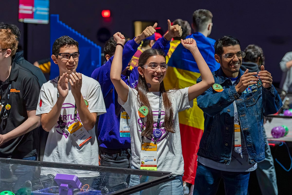 FIRST Tech Challenge participants celebrating at 2026 FIRST Championship