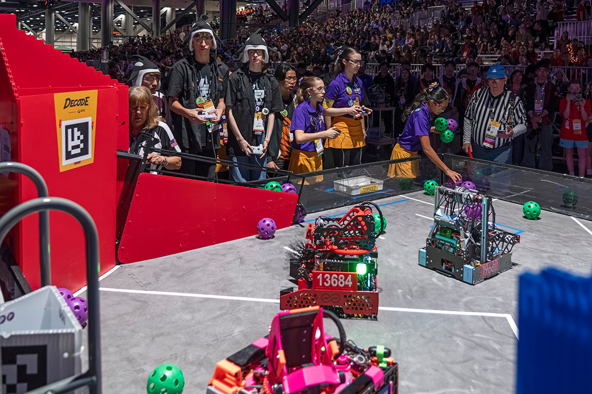 FIRST Tech Challenge student participants driving robots at 2026 FIRST Championship