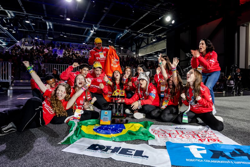 FIRST® Tech Challenge Team 17792 “Amigos Droids” of Belo Horizonte, Brazil celebrate winning the Inspire Award at FIRST® Championship in Houston.