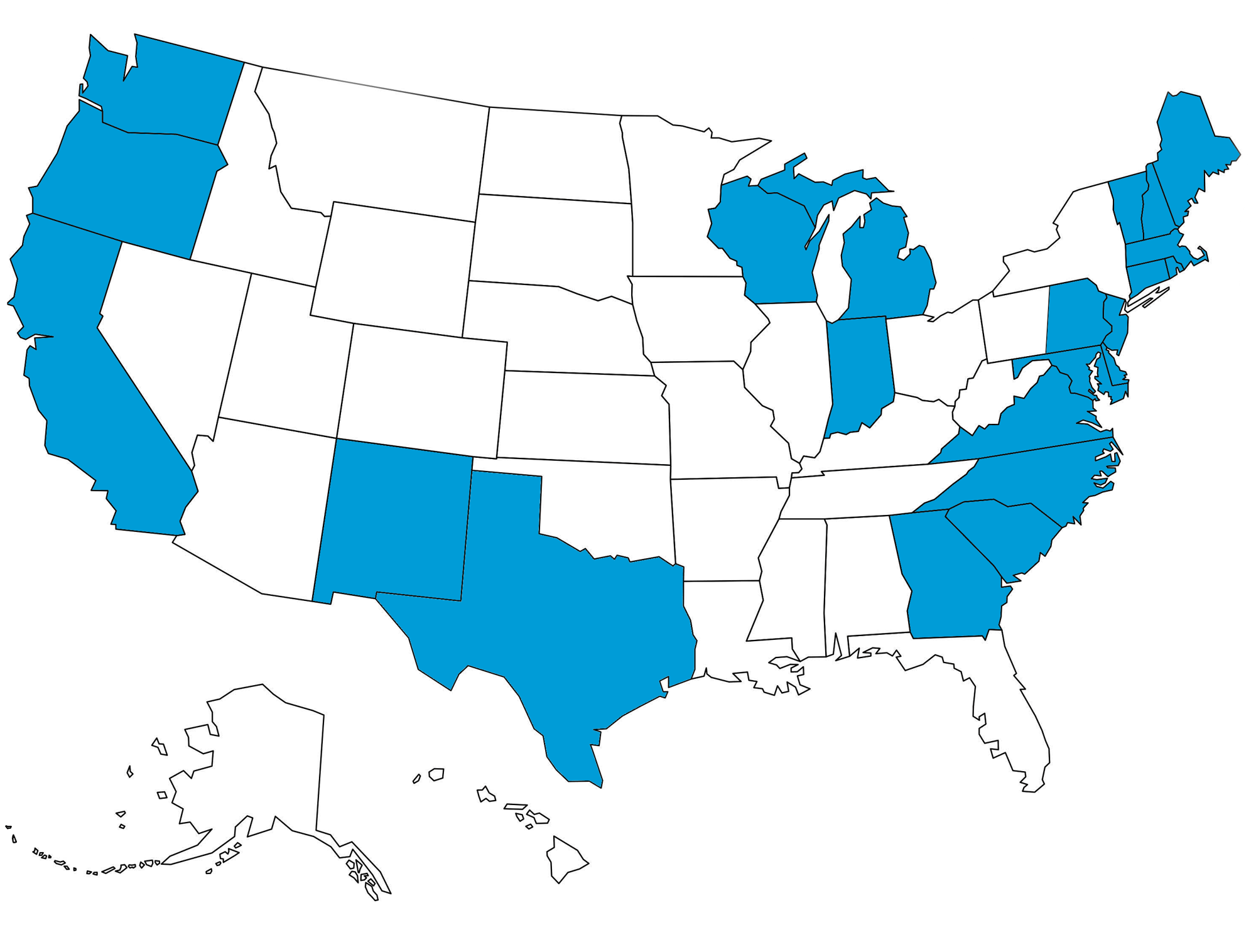 The image shows a map of the United States with 22 states shaded blue, and the rest in white. The blue states represent the regions of the US with a District model.
