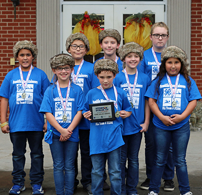 FIRST LEGO League team "Franklin Mountaineers" displays the Core Values award