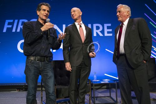 FIRST founder Dean Kamen, honoree Jeff Bezos, and journalist Walter Isaacson speak onstage at the fourth annual FIRST Inspire Gala on November 2, 2018, in New York City