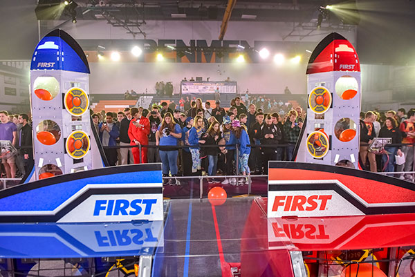 Students get their first look at the season game field for DESTINATION: DEEP SPACE Presented By The Boeing Company during the 2019 FIRST Robotics Competition Kickoff powered by Rockwell Automation in Manchester, N.H.