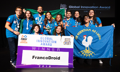 FIRST LEGO League team FrancoDroid from Rio de Janeiro, Brazil, received the Global Innovation Award for their innovative solution for long-duration space travel that helps make space travel more accessible for women.