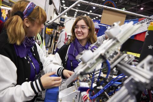 FIRST Robotics Competition students work on their robot at FIRST Championship in Detroit.