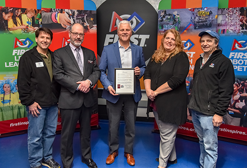 Pictured: Ken St. Hilaire, senior mentor, FIRST NH; Barrett M. Christina, executive director, New Hampshire School Boards Association; Donald E. Bossi, president, FIRST; Shannon Barnes, immediacy past president, NHSBA; Frank Grossman, director, FIRST NH 