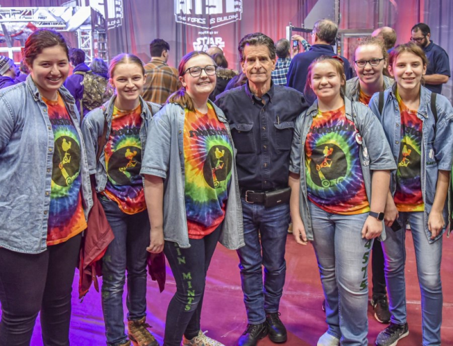 FIRST Founder Dean Kamen (center) pictured with student team members at the FIRST Robotics Competition Kickoff which was broadcasted from Manchester, N.H. to nearly 100,000 high school students on 3,898 teams watching from around the world.