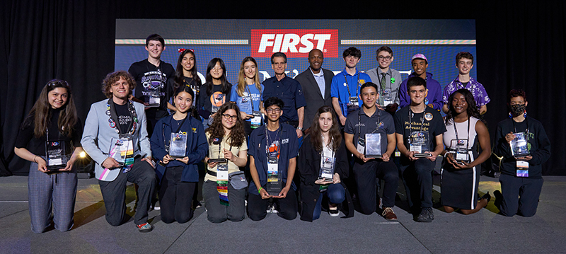 2022 FIRST Dean’s List winners with FIRST founder Dean Kamen and FIRST CEO Chris Moore on April 22 at the 2022 FIRST Championship in Houston.