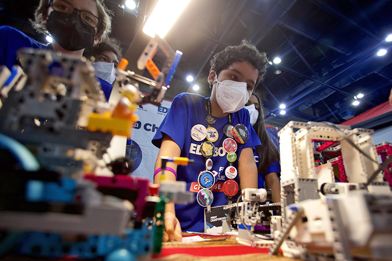FIRST LEGO League Challenge teams with their robots at FIRST Championship in Houston on April 20, 2022. 