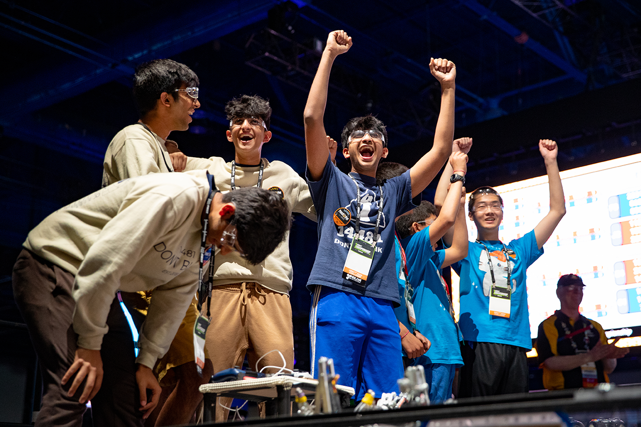 Chris Moore visits with FIRST Robotics Competition Team 3459, PyroTech from Cary, N.C., on April 20 at the 2023 FIRST Championship in Houston. 