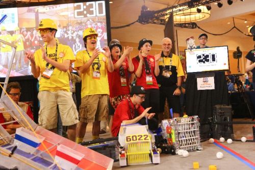 Figure 3. FIRST Tech Challenge teams of students in grades 7–12 build robots, powered by Android technology, that compete in a floor-based game. (Source: Lara Longo, courtesy of FIRST.)