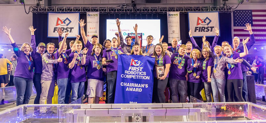FIRST Robotics Competition team LASER 3284 from Camdenton, Missouri, celebrates winning the top award at the Kansas City Regionals.