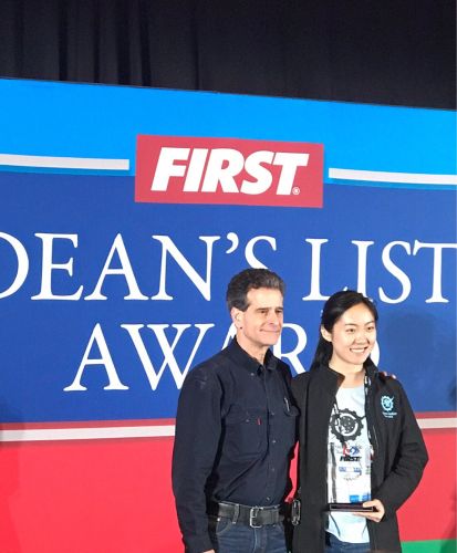FIRST founder Dean Kamen presents Grace her Dean’s List award.
