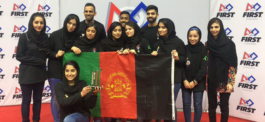 Roya Mahboob (far right) and the FIRST Robotics Competition Team 7329 “Afghan Dreamers” celebrate their Rookie All-Star Award at the FIRST Ontario Provincial Championship, which qualified the team to compete at the 2018 FIRST Championship in Detroit.