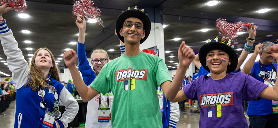 Sanjay and Arvind Seshan, creators of online learning groups for FIRST LEGO League, celebrate at FIRST Championship.