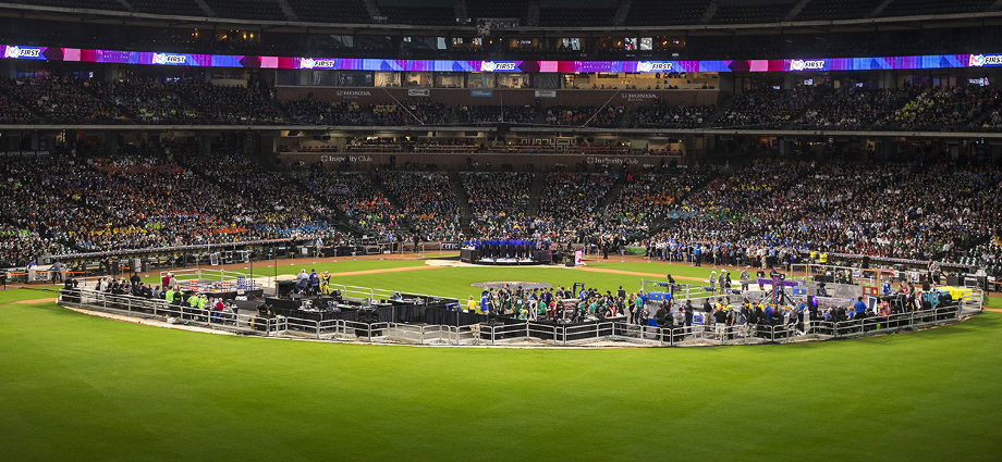 Thousands of cheering fans gather at Minute Maid Park in Houston for final matches during the 2018 FIRST Championship Presented by Qualcomm Incorporated.