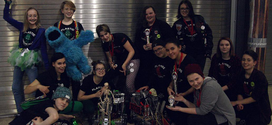 The Flaming Hippogriffs and Plastic Avocado Cult, two FIRST Tech Challenge teams part of the “Nerdy Girls” community, after advancing to the Washington FIRST Tech Challenge State Championship in December.