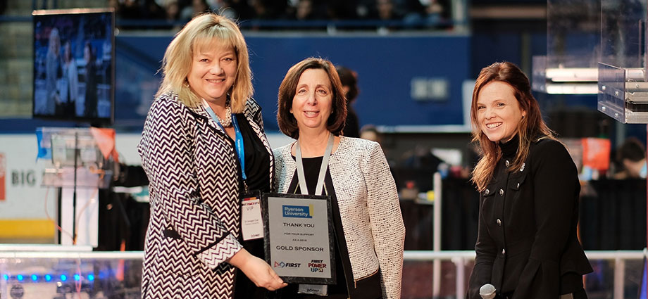 Renowned scientist and EDI advocate Dr. Imogen Coe (far left), Marcia Moshé, and Kim Cooper (far right) at Ryerson University’s FIRST Robotics Competition 2018 Ontario District Event. (Photo credit: Eddy Gunawan)