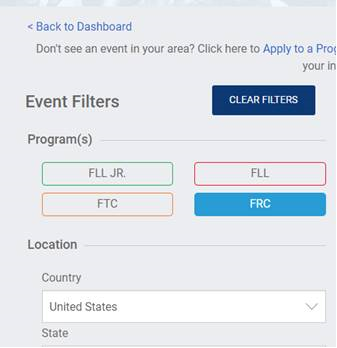 Volunteer Event Filters FIRST Robotics Competition