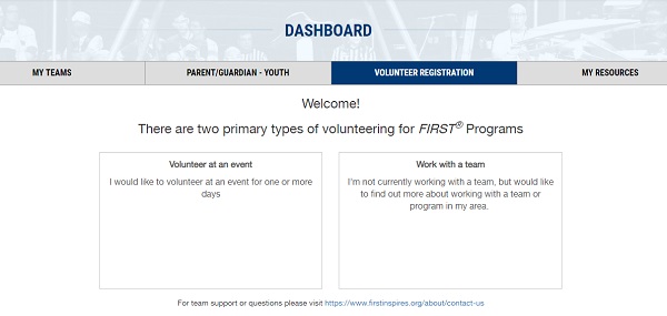 Dashboard with Volunteer Registration Tab FIRST Robotics Competition