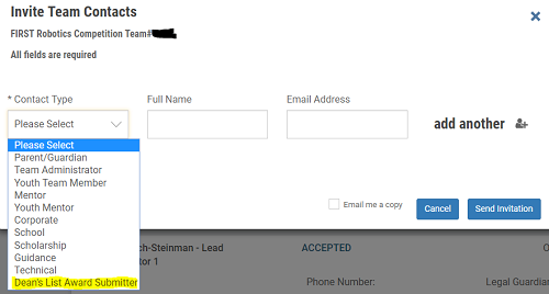 Invite Team Contacts for Dean's List FIRST Robotics Competition